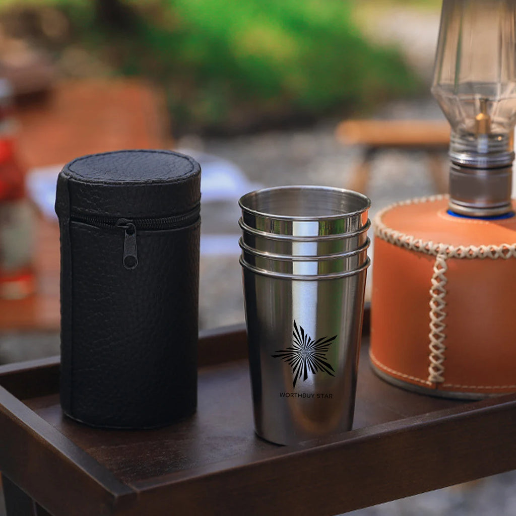 4pcs/set Outdoor Portable Stainless Steel Cups With Case Tumbler Beer Cups Camping Picnic Mini Whisky Wine Glasses Set Drinkware
