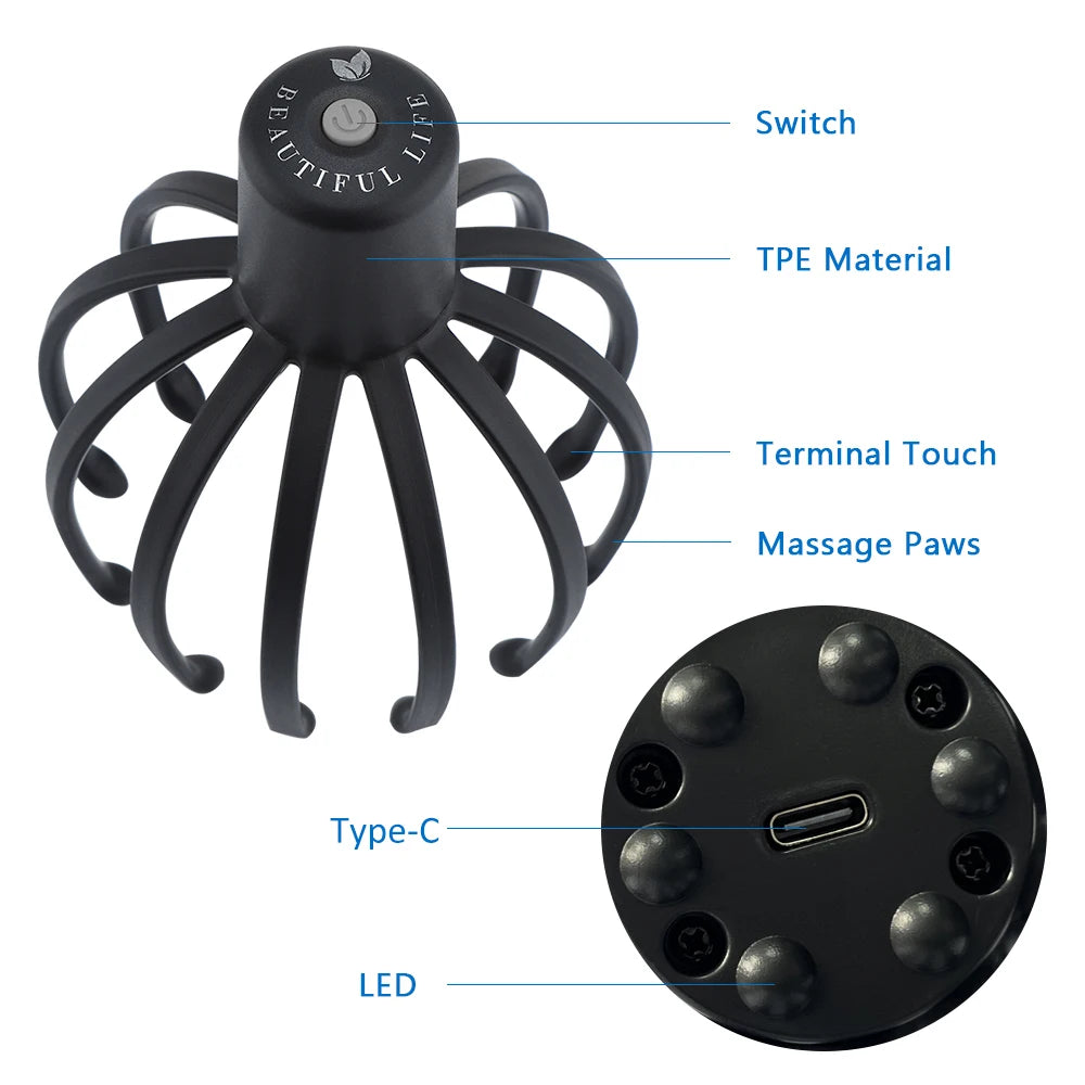 Electric Octopus Claw Scalp Massager with 12 TPE 3D Arms 3 Speed Gears USB Charging 15-Min Auto-Shutoff Stress Fatigue Relief