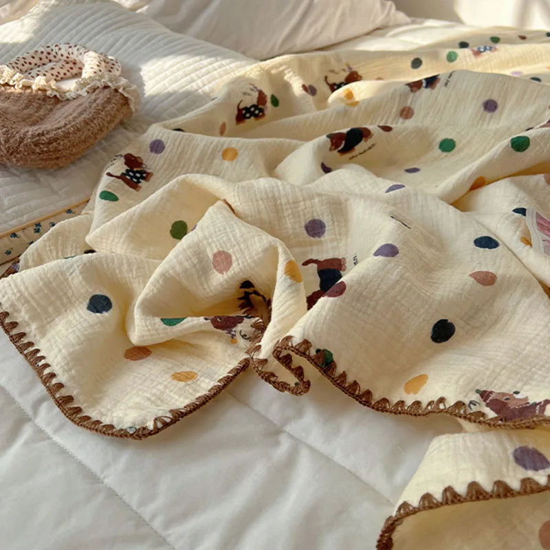 Korean Pure Cotton Multi-Purpose Blanket Cartoon Casual Shawl for Travel Airplane Kids Adults Air Conditioning Blanket for Home