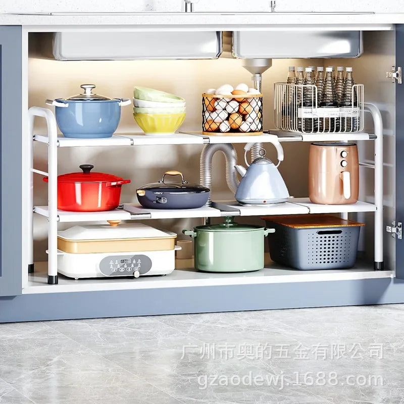 Telescopic Under-Sink Storage Rack Multi-Layer Organizer for Kitchen Cabinets Carbon Steel Construction for Cleaning