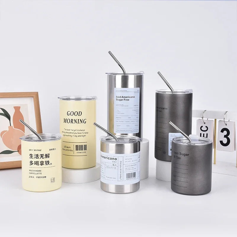 Stainless Aesthetic Cold Steel Mug With Lid Coffee Espresso Cups Pretty Drinkware, Drink Items Straw Bar  600ml