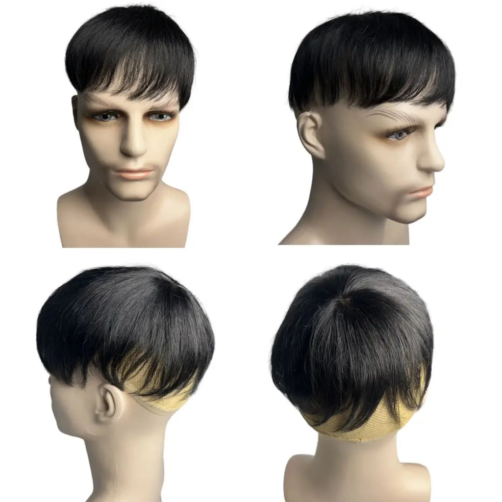 Short Real Human Hair Toupee with 4 Clips for Men's Baldness Prosthetic Wig Male Hair Replacement System Piece