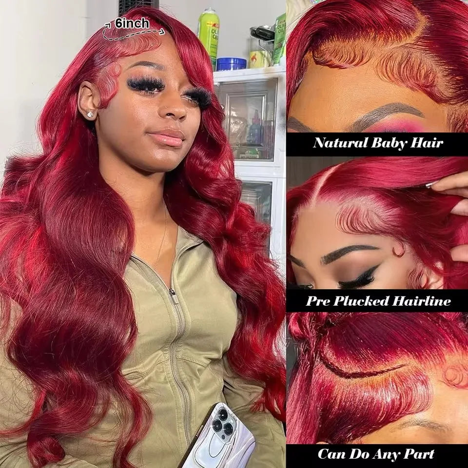 13x6 HD Lace Frontal Human Hair Wig 13x4 Lace Front Wigs Human Hair Brazilian Lace Wigs 99j Body Wave 200 Density Burgundy  5×5