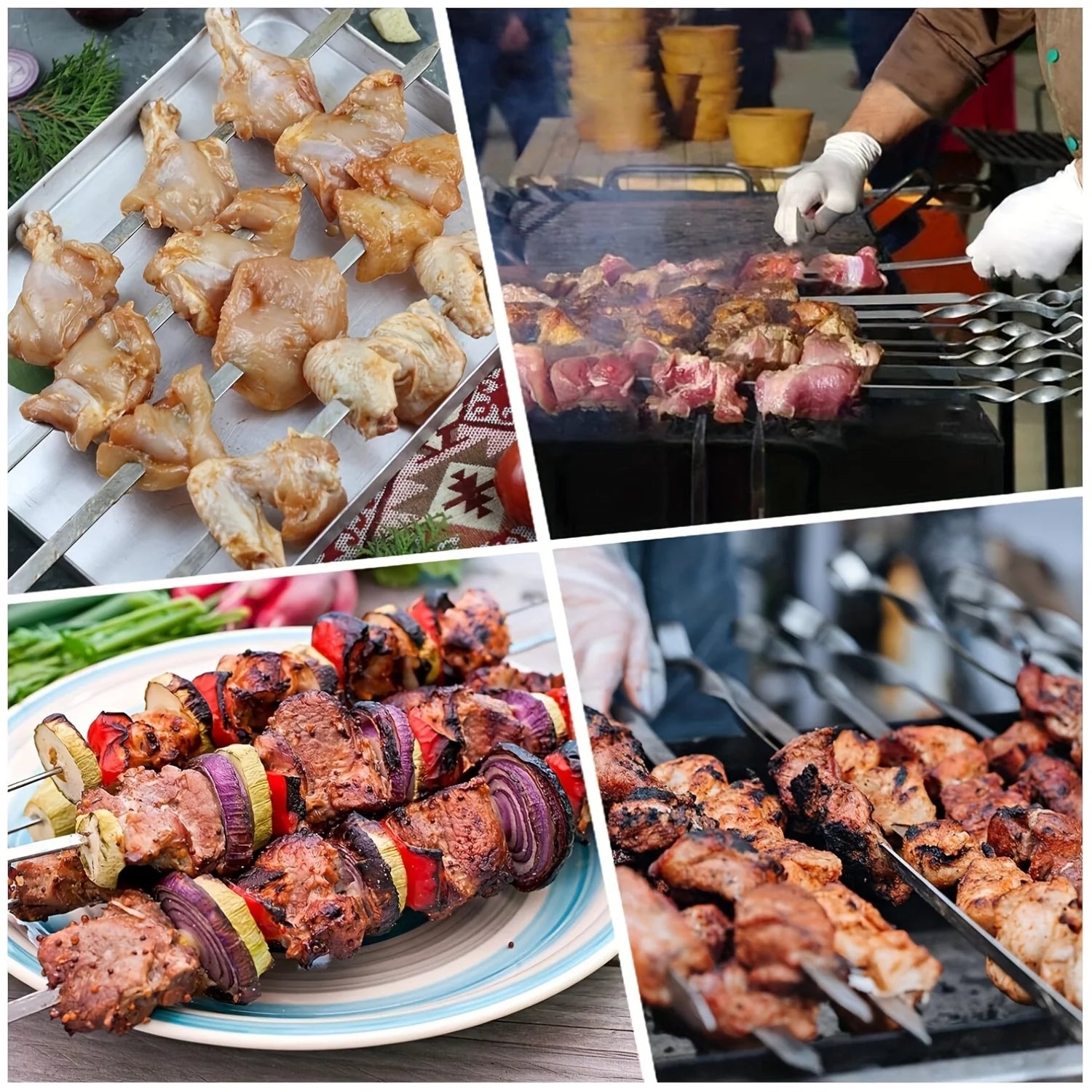 10PCS Kabob Skewers Flat Metal Stainless Steel BBQ Barbecue Skewer 12" Anti-Roll Heavy Duty Shish Kebob Sticks Wide Reusable Gri