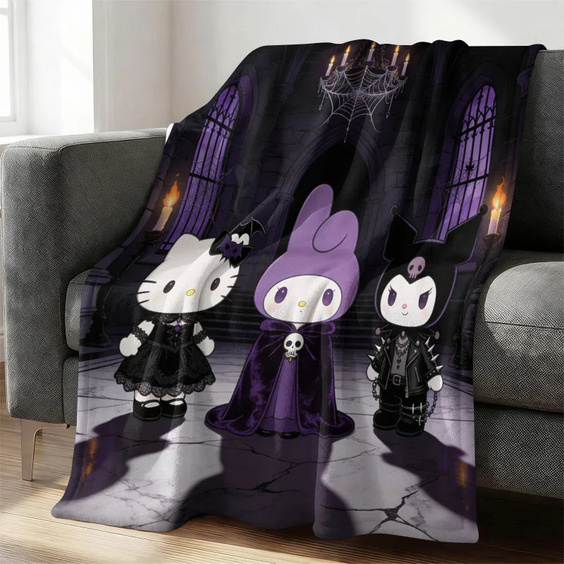 Sanrio Hello Kitty My Melody Kuromi Flannel Blanket Kawaii Gothic Castle Print Soft Cozy Throw Room Decor Gift Halloween Decor