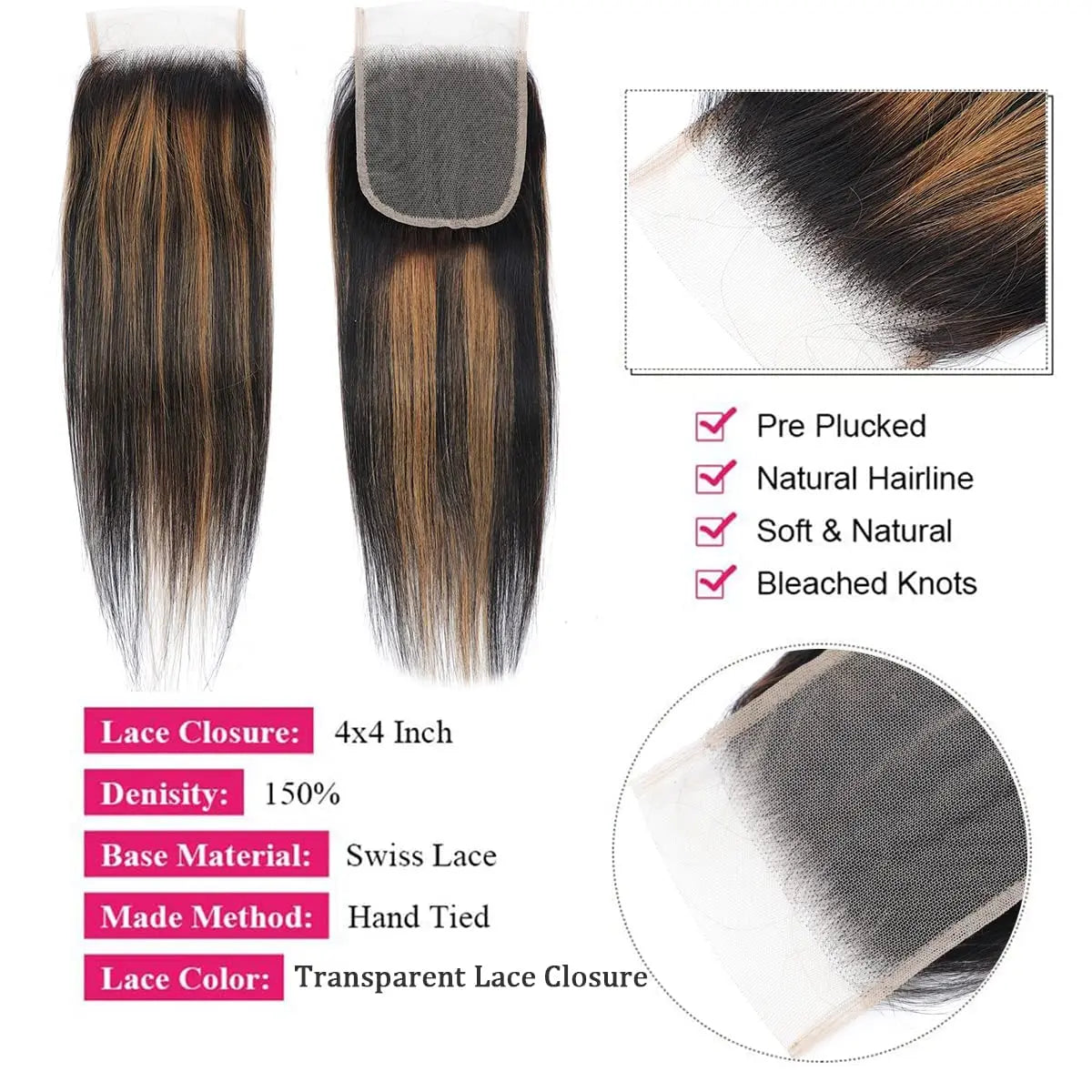 Highlight Human Hair Bundles with 4x4 Closure 12A Straight Bundles Human Hair Weft With Closure 100% Burmese Remy Hair Extension