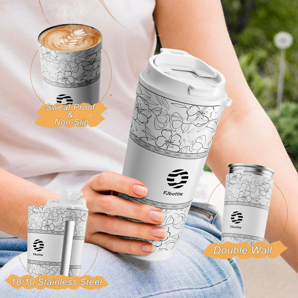 Fjbottle 500ml Flower Coffee Mug Stainless Steel Vacuum Flask Straw and Direct Drinking Insulated Tumbler Coffee Cup
