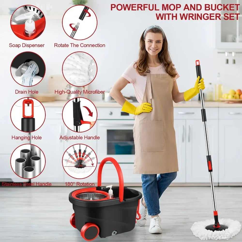 Spin Mop and Bucket with Wringer Set – 360° Spinning Mop with Stainless Steel Handle, On Wheels for All Hard Surfaces
