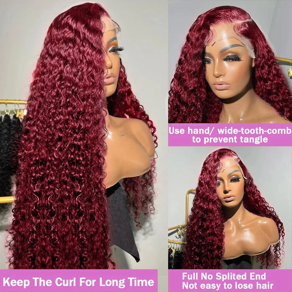 99j Burgundy Curly 13x6 Hd Lace Frontal Human Hair Wig Deep Wave 100% Colored Brazilian Pre Plucked Wigs For Women 250 Density