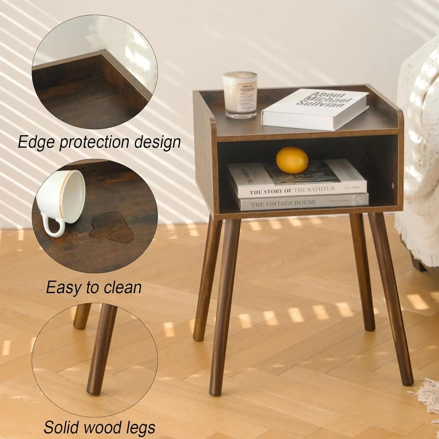Mid Century Modern Side Table Bedroom with Storage, Small End Bedside Table with Solid Wood Legs for Living Room, Office Small S