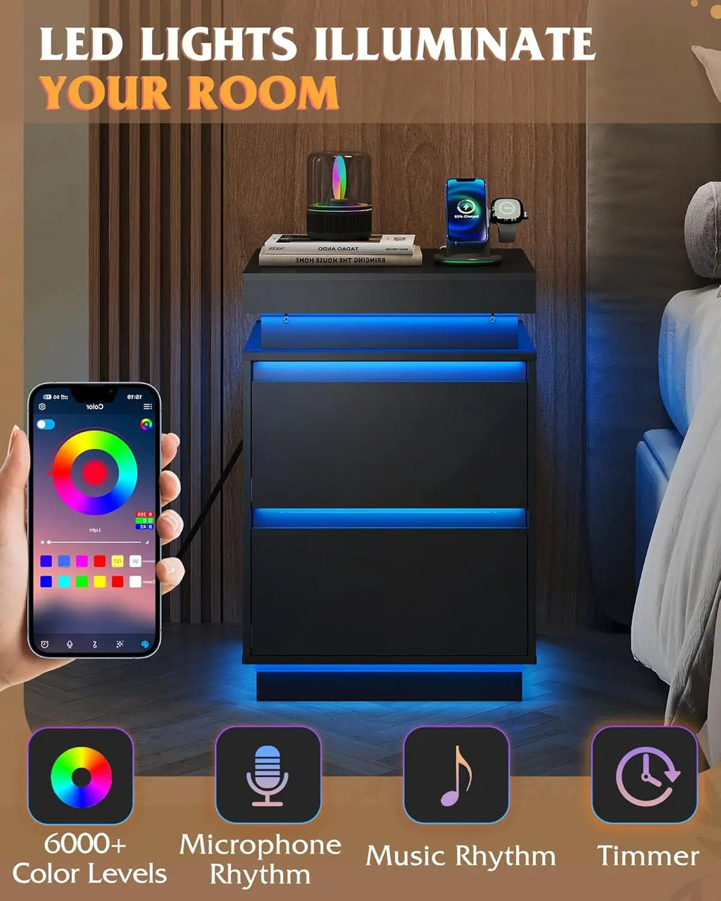 Black Nightstand with Charging Station and LED Lights, Bedside Table with 2 Wooden Drawers and Sliding Top, Modern, Customized