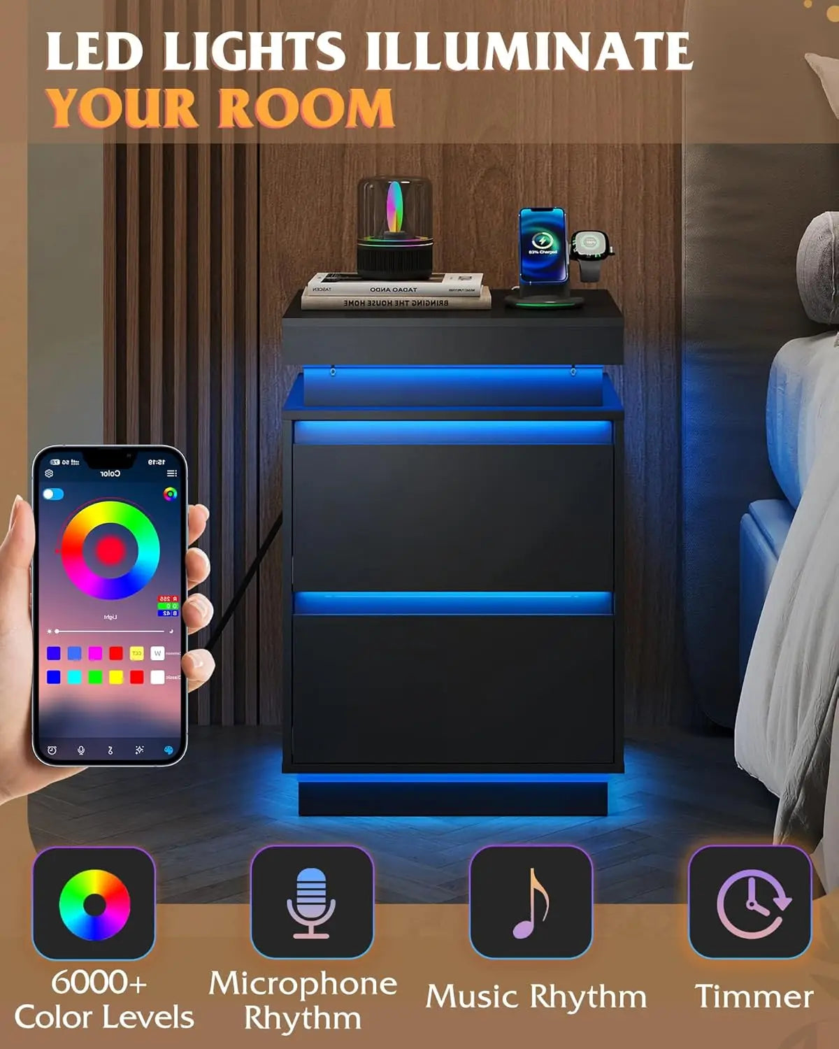 Black Nightstand with Charging Station and LED Lights, Bedside Table with 2 Wooden Drawers and Sliding Top, Modern, Customized