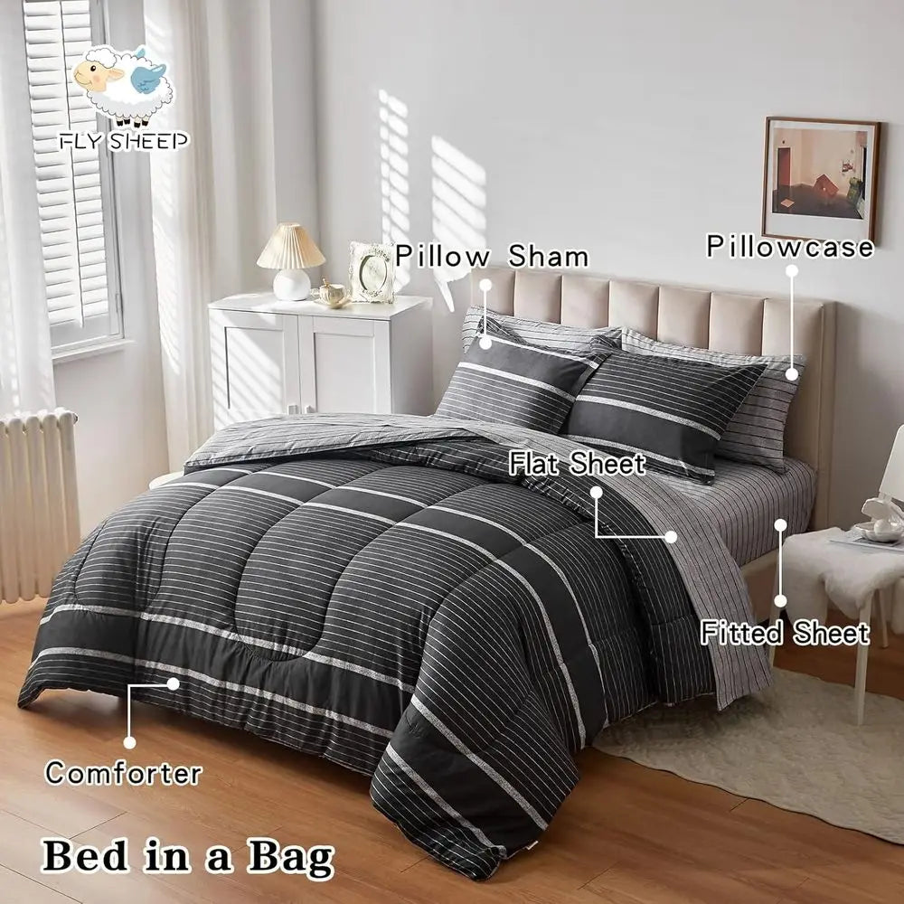 7-Piece Bohemian Striped Queen Bedding Set: White on Dark Gray Comforter with Sheets and Pillowcases