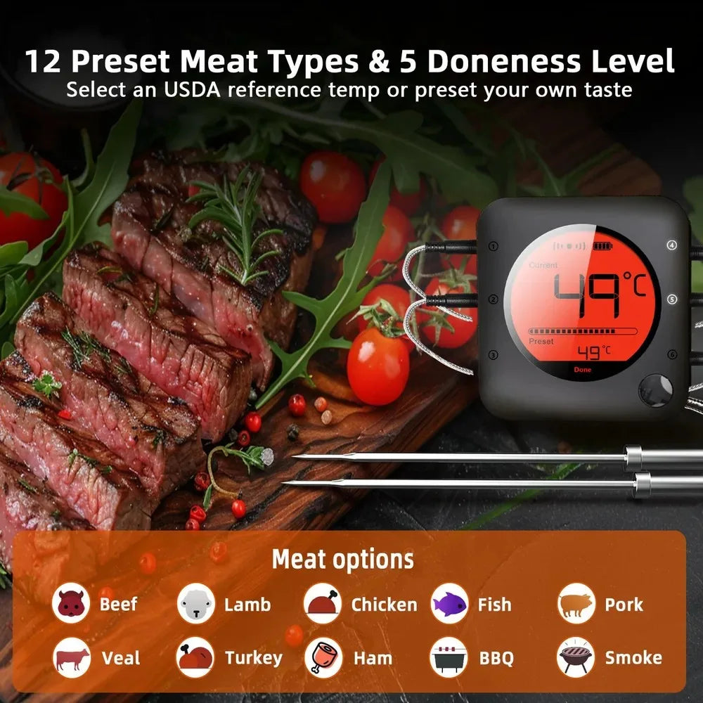 Bluetooth Meat Thermometer Digital BBQ Kitchen Thermometer Support 6 Probe for Smoker Cooking Grill Oven Candy