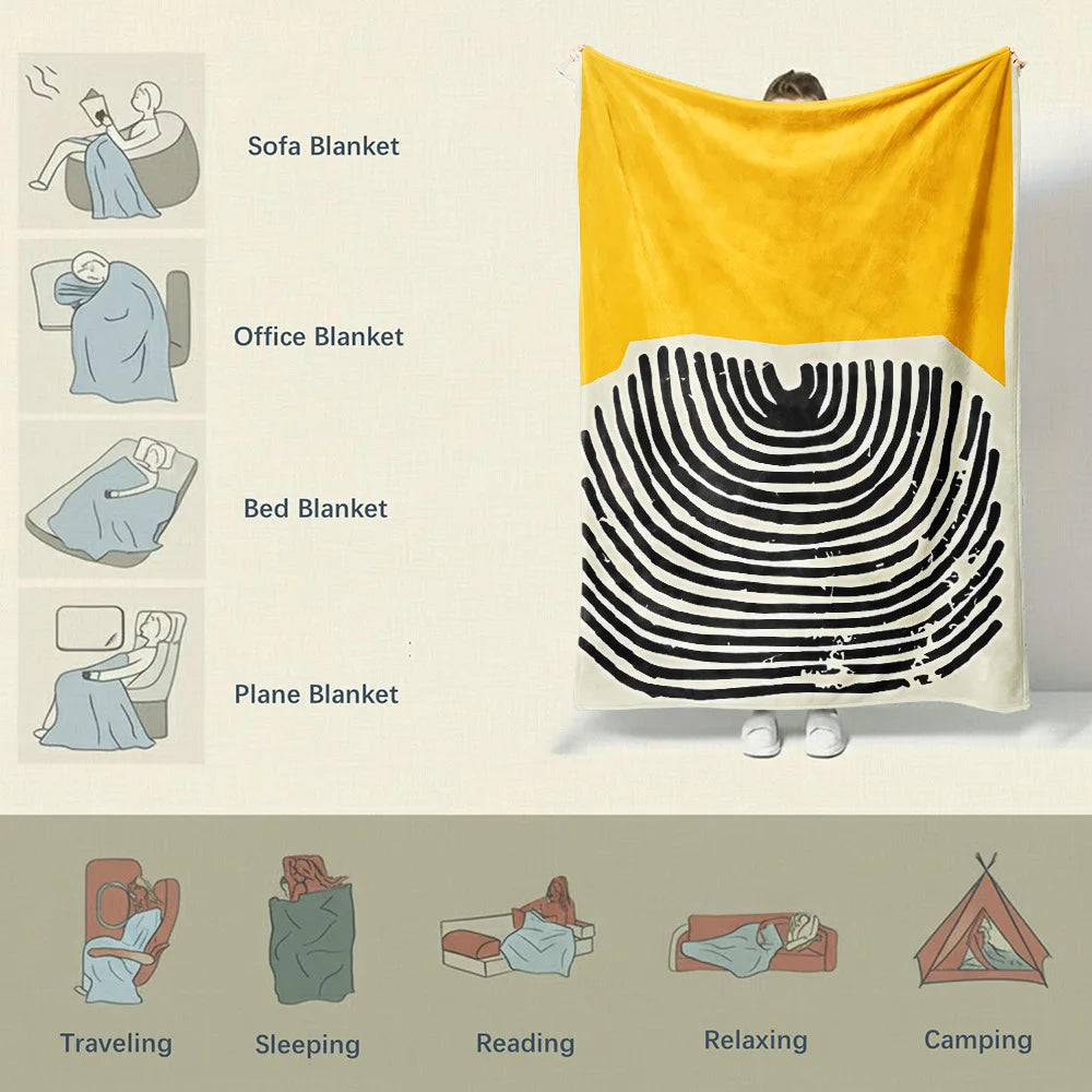 Yellow and Black Fingerprint Flannel Throw Blanket Vibrant Abstract Design Soft Cozy Fleece for Couch Bed Office and Travel All