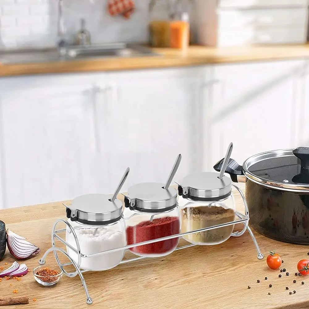 Condiment Jar Spice Container With Lids, Stainl Steel Serving Spoons, Base Ra And Labels - Glass Seasoning Bottles Kitchen