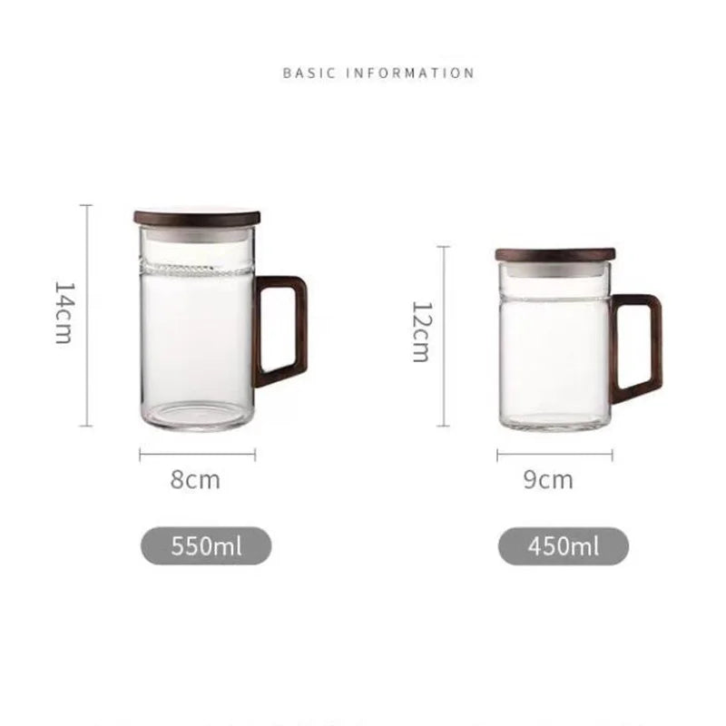 450ml 550ml Heat-resistant Glass Tea Mug With Crescent Filter Wooden Handle Lid Tea Water Separation Cup Drinkware
