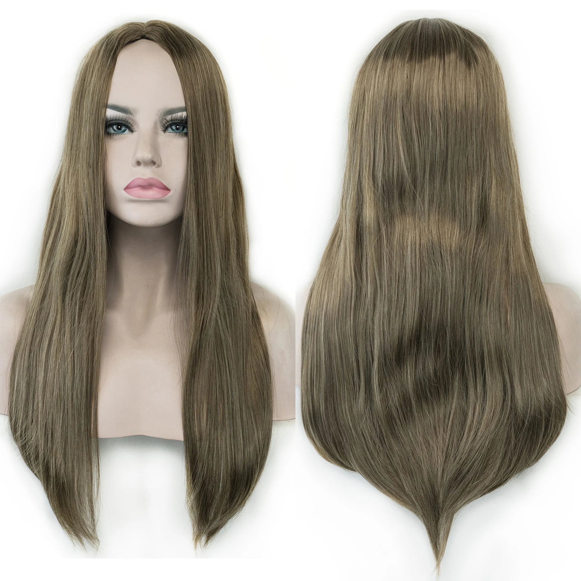 Women's Synthetic Hair Long Middle Part Grey Brown Wig Heat Resistant Glueless Natural Full Wig for Daily Wear Party Cosplay