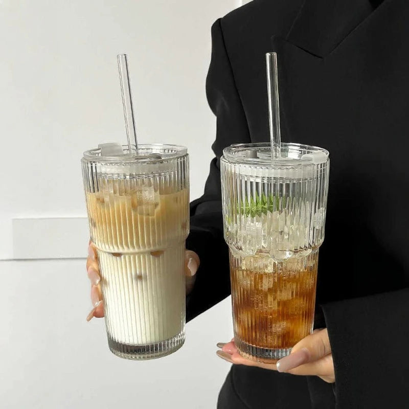 High-value cold drink juice coffee cup with lid and straw, vertical striped glass, large capacity water cup