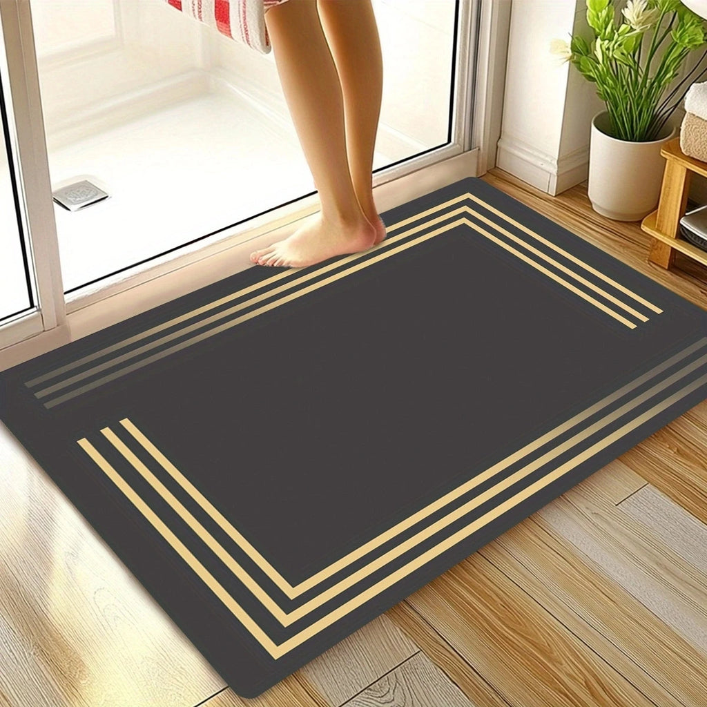 Luxurious thick anti-slip diatom mud floor mat - soft, water-absorbent, quick-drying, with elegant grey and gold striped design.