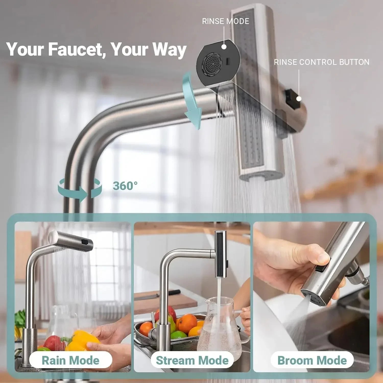 Waterfall kitchen faucet stainless steel 360° rotating waterfall flow nozzle hot and cold water sink mixer kitchen pull-out fauc
