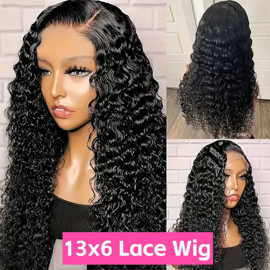 38 44 inch black hd lace frontal wig pre plucked front 13x6 13x4 kinky curly deep water wave 250 high density human hair wigs
