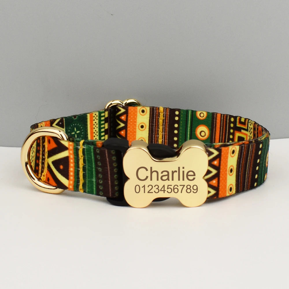 Custom Engraved Ethnic Style Dog Collar with Nameplate for Small Medium Large Dogs Pet Supplies with Matching Leash