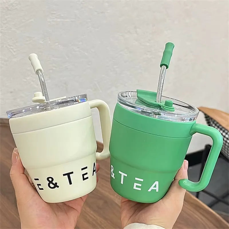 480ml Stainless Steel Coffee Cup with Straw Lid Thermos Mug Portable Water Tea Milk Bottle for Hot And Cold Drinks Office