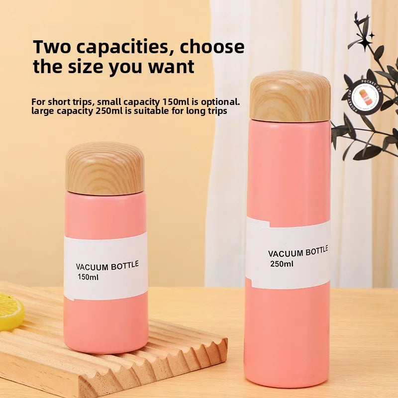 150ml/250ml Mini Cute Portable Stainless Steel Vacuum Flask Thermos | Wood Grain Lid Insulated Bottle | Small Travel Coffee Mug