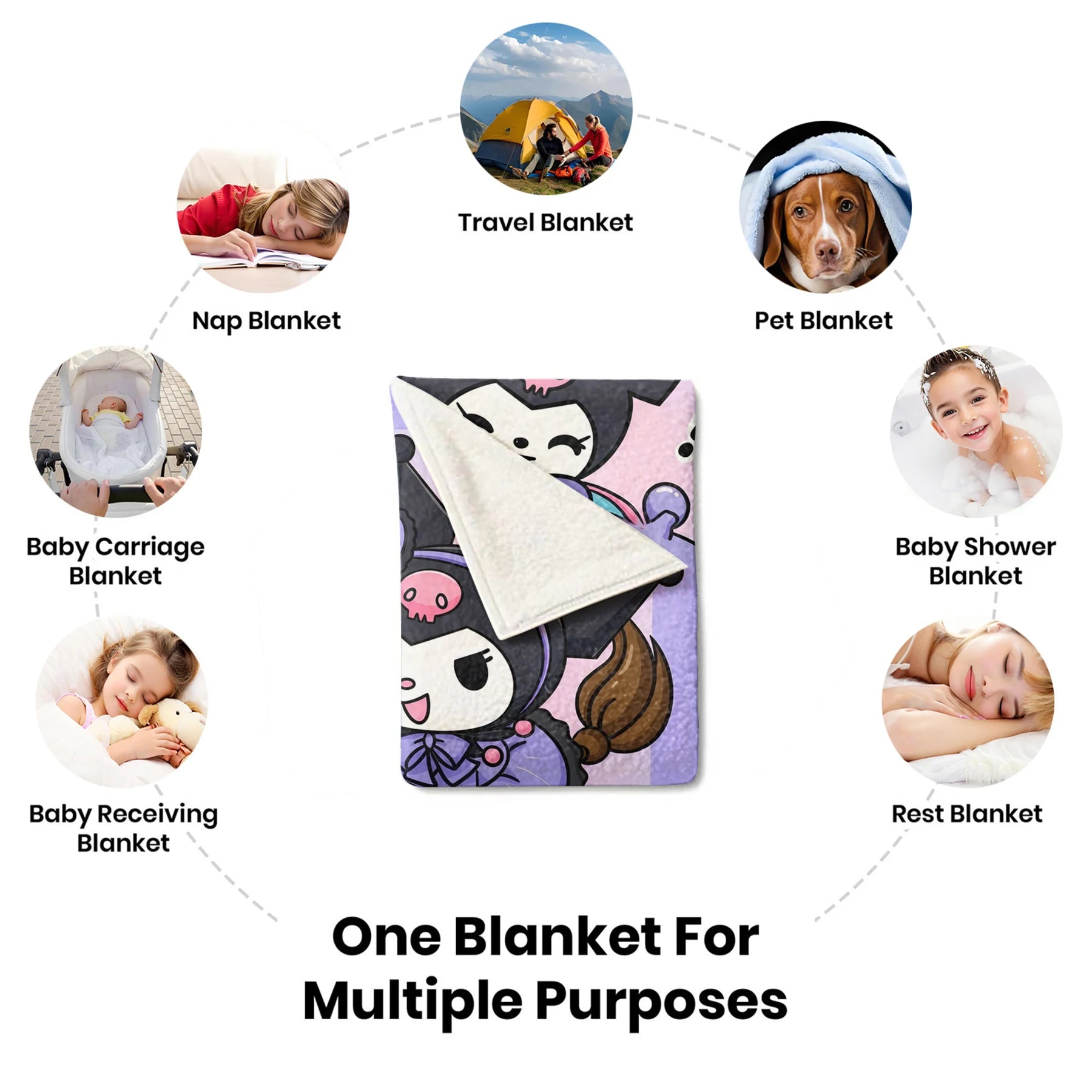 Kuromi Purple Cartoon Car Blanket Cute Comic Strip Pattern Flannel Plush Throw for Home Decor Portable Travel Camping Blanket