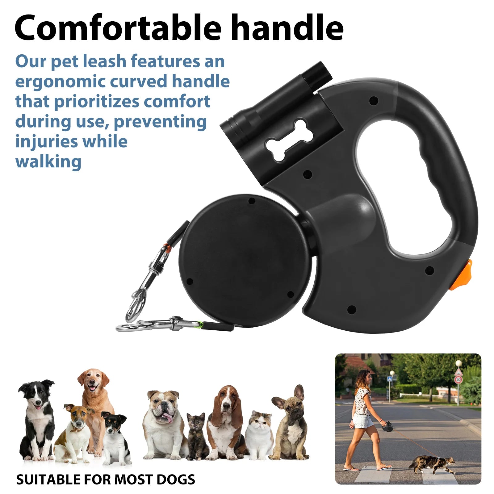 2 IN 1 Retractable Dog Leash 3M Reflective Dog Walking Leash with Light and Garbage Bag Compartment for Small Medium Dogs