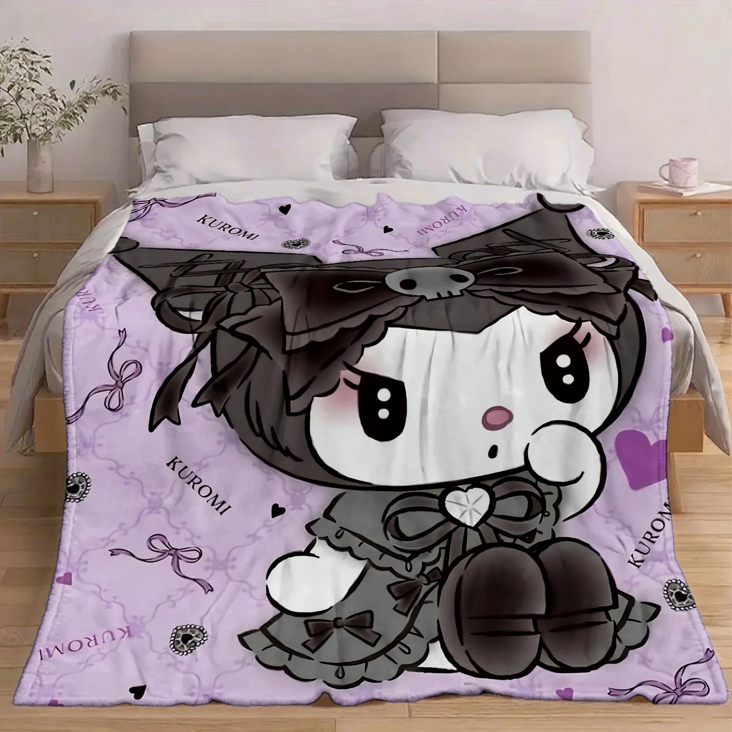 Sanrio Gothic Style Kuromi Flannel Blanket Towel Quilt 100 Polyester Soft Washable Lightweight Multi Purpose for Sofa Bed Office