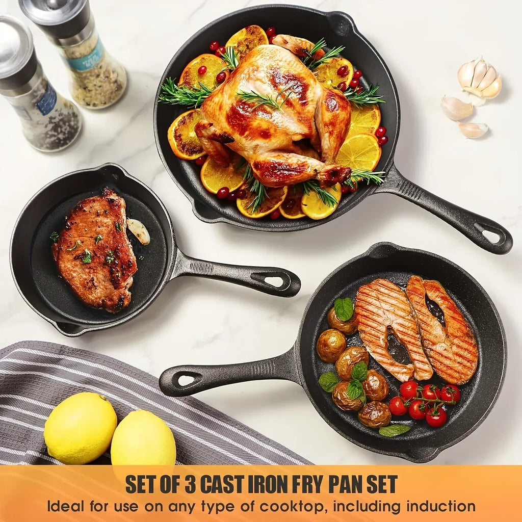 3-Piece Bare Cast Iron Skillet Set (6/8/10 Inches) | 100% Natural Seasoning, No Chemical Coatings | Clan Sand Cast.