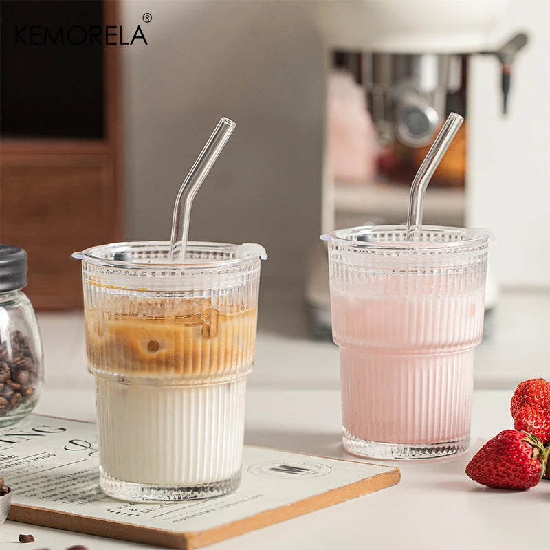 1/2PCS 450ml Stripe Glass Cup Whiskey Glass Transparent Glasses With Lid and Straw Ice Coffee Mug Juice Glass Milk BeerDrinkware