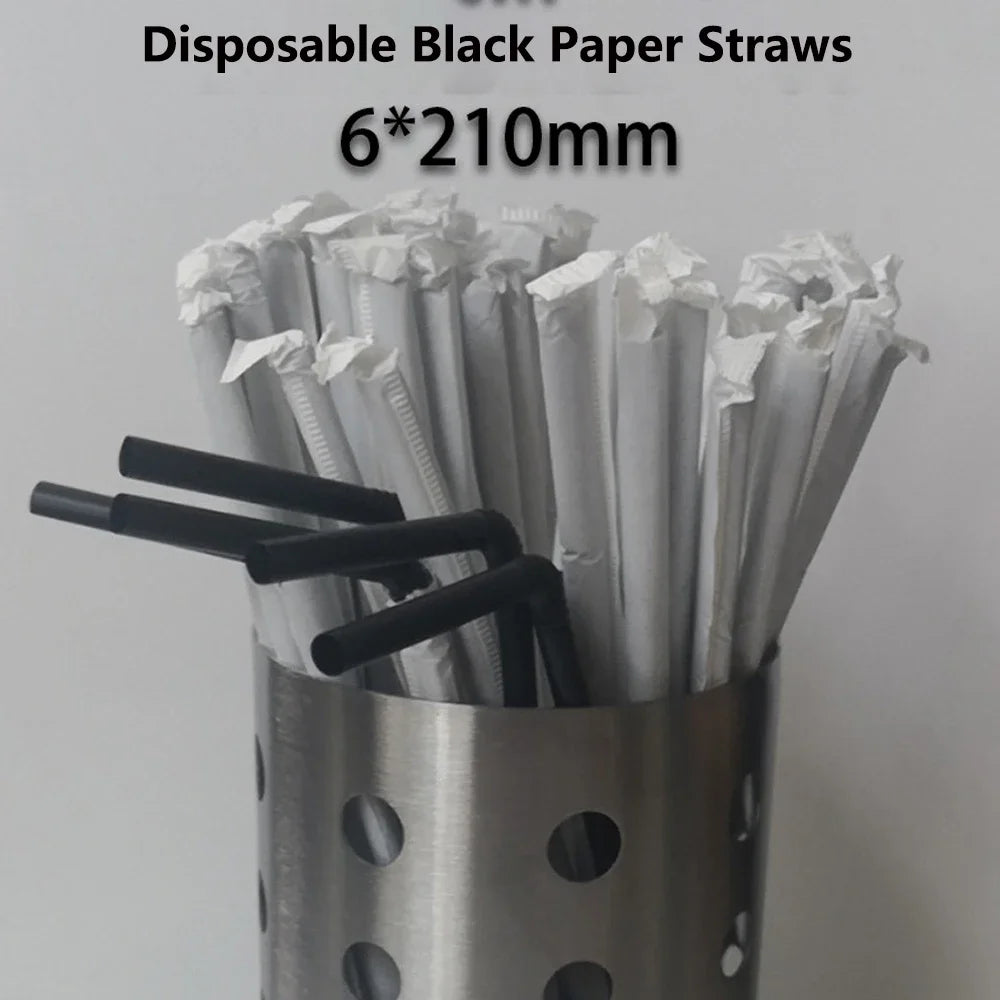 50-1000Pcs Paper Black Drinking Straws Cocktail Straws Single Piece Packaging rietjes Flexible Bar Party Kitchen Beverage Straw