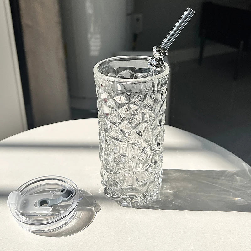 New 2024 Glass Water Cup Women's Coffee Cup With Lid And Straw Portable Home Tea Cup Office European-style Vintage Milk Cup