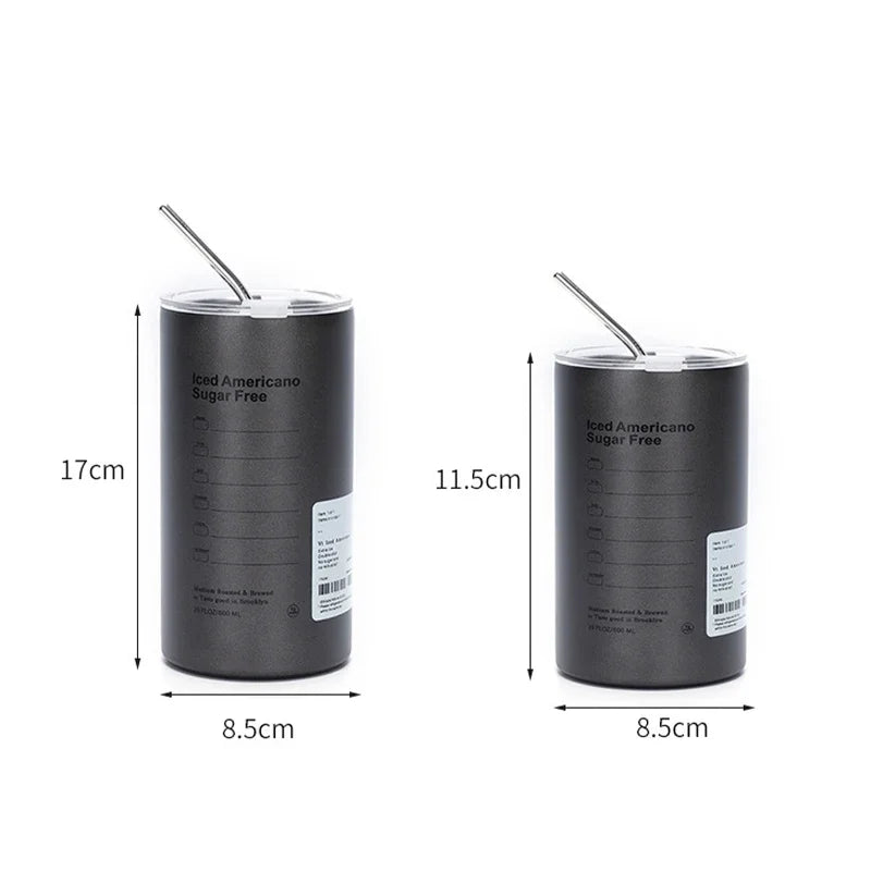 Stainless Aesthetic Cold Steel Mug With Lid Coffee Espresso Cups Pretty Drinkware, Drink Items Straw Bar  600ml