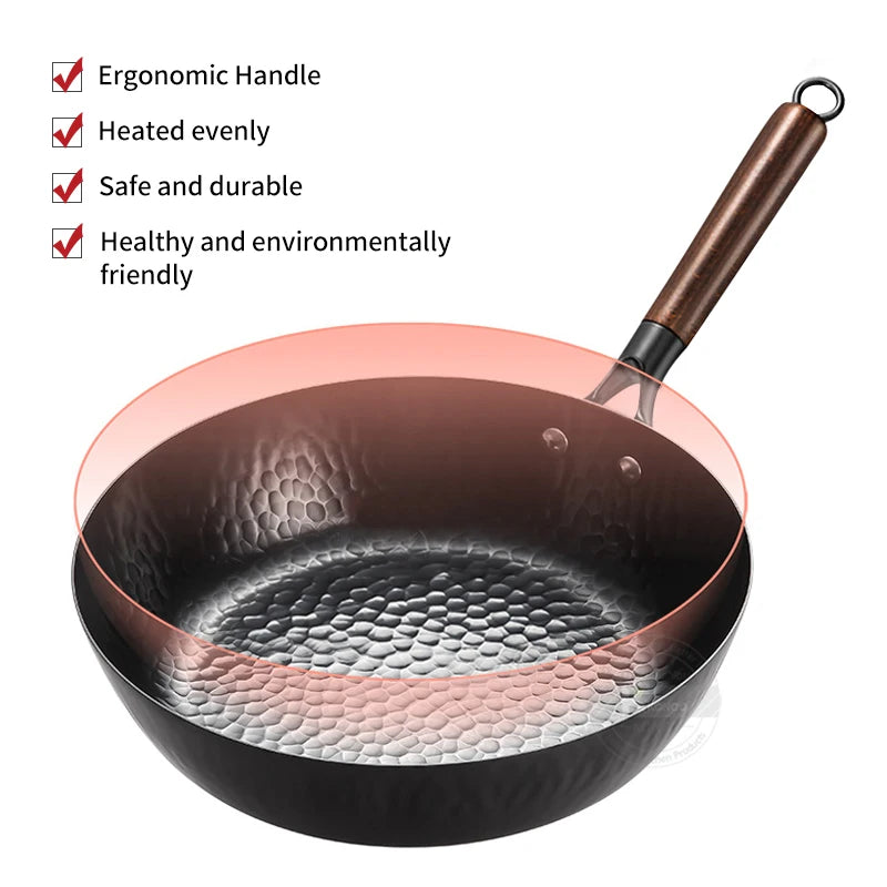 28cm Non-coated Cast Iron Wok Non-stick Pan Smokeless Fried Pan Cook Pots Kitchen Cookware Chef Pan Cooking Tools