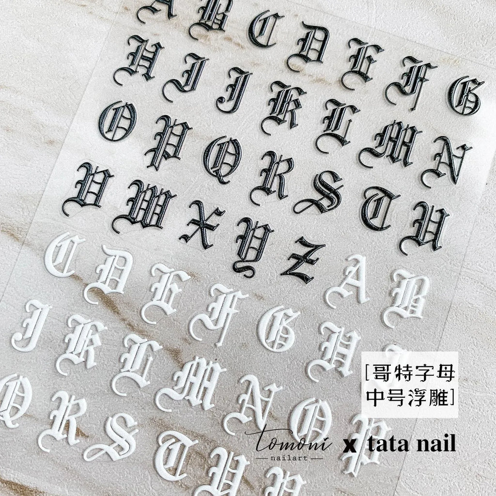 Gothic black and white English letters 5D embossed self-adhesive exquisite nail art stickers high quality nail decoration