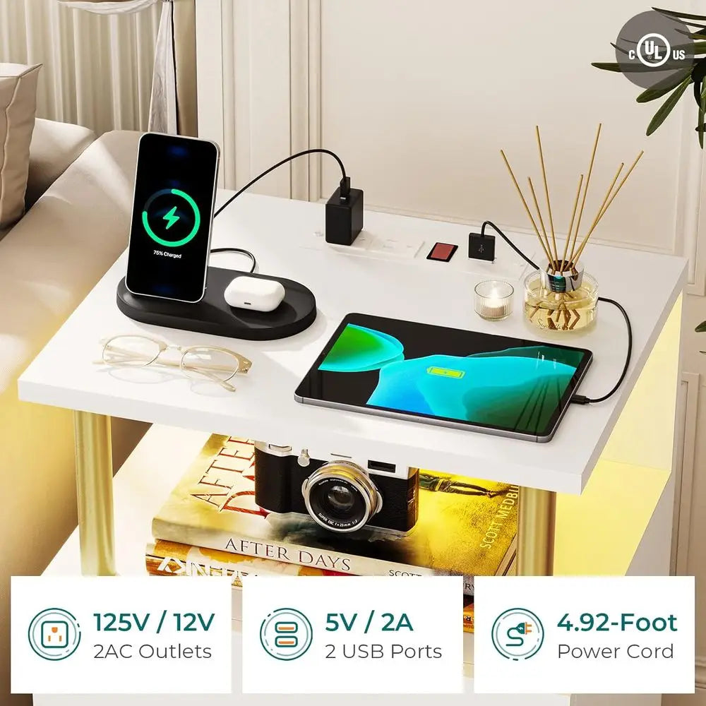 LED Night Stand with Charging Station and USB Ports, White Night Stand with 2 Drawers, Modern End Side Tables-Customized