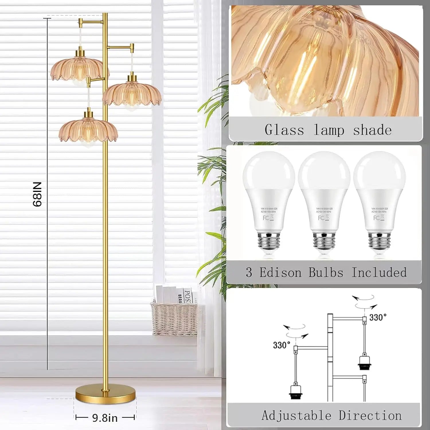 Gold Modern Floor Lamp with Tree Design, 3 Lights for Living Room Bedroom Vintage Farmhouse Style