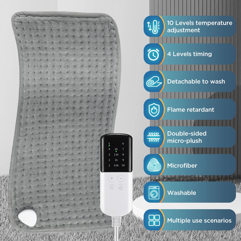 Electric Heated Massage Cushion Body Pad Plush Blanket Micro-Velvet Hands Back Leg Neck Winter Warm 10 Levels Tempe Adjustment