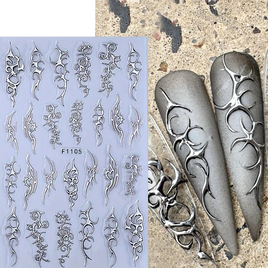2pcs Metallic Chrome Nail Art Stickers Y2K Punk Thorns Flame Totem Designs Gold Silver Irregular Stripes Adhesive Decals Decor