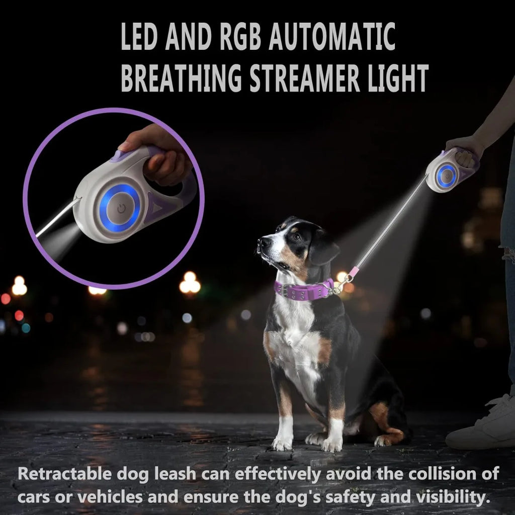 3M/5M Automatic Retractable Dog Leash with Flashlight Anti-Slip 360°Tangle-Free One Button Lock Rope for Night Walking Dog Leash