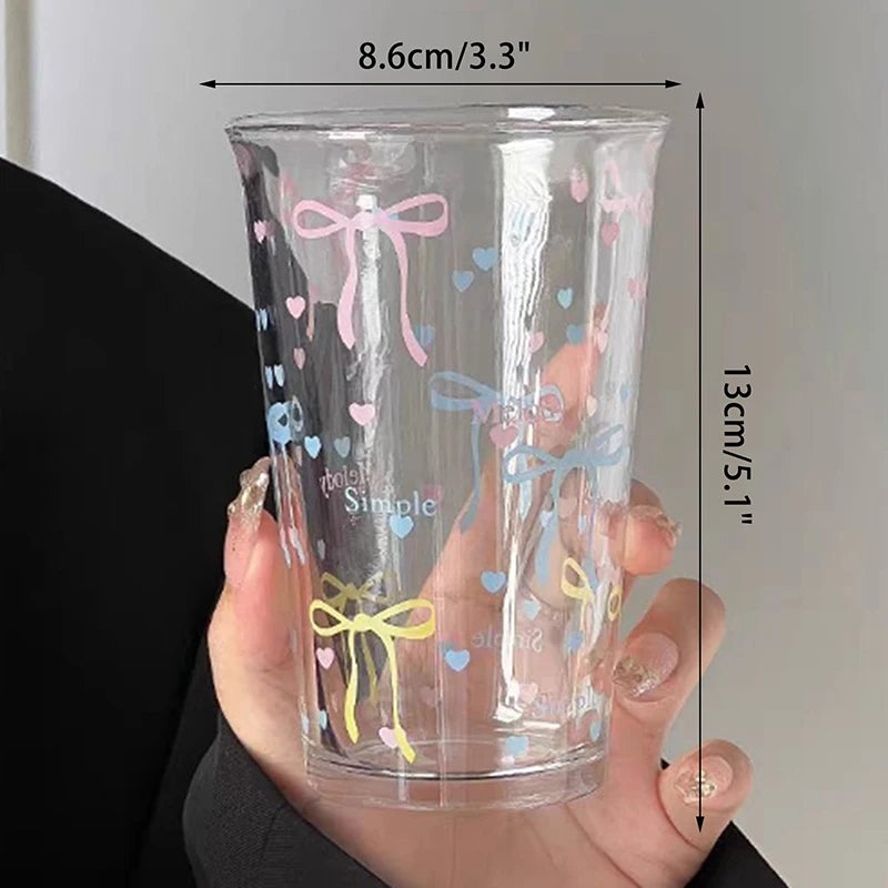 Glass Cute Water Cup Cartoon Bow Glass Cup Striped Cute Doodle Coffee Mug Household Fruit Tea Lemonade Girls Gift