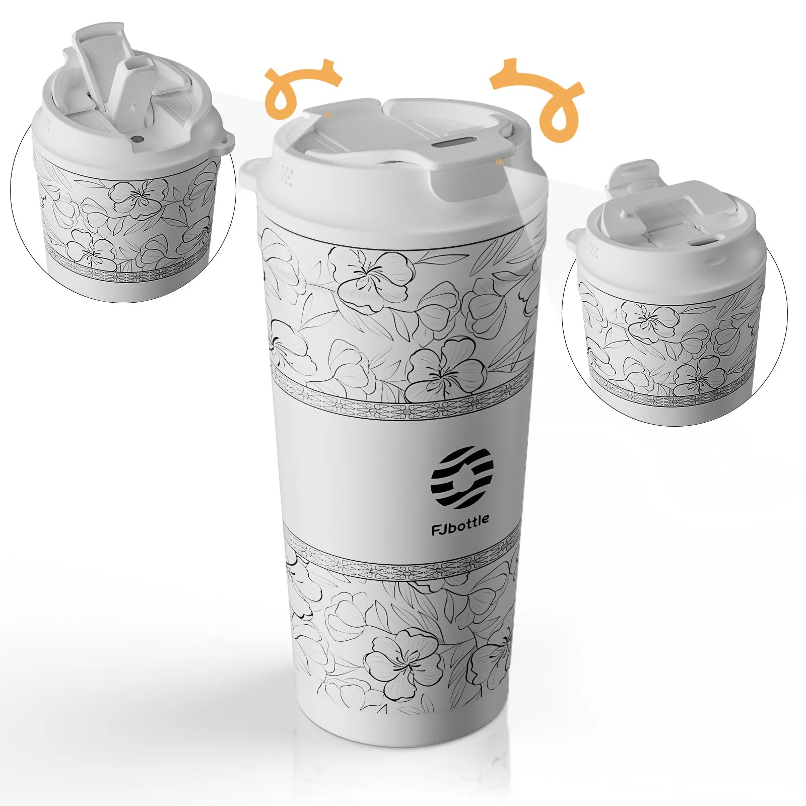 Fjbottle 500ml Flower Coffee Mug Stainless Steel Vacuum Flask Straw and Direct Drinking Insulated Tumbler Coffee Cup