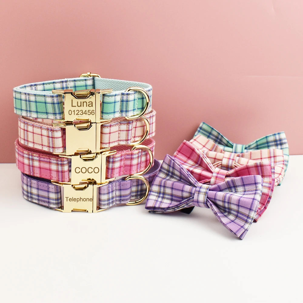 Plaid Dog Collar And Leash Set For Dogs Custom Engraved Nameplate Pet Supplies Dog Leash Grid