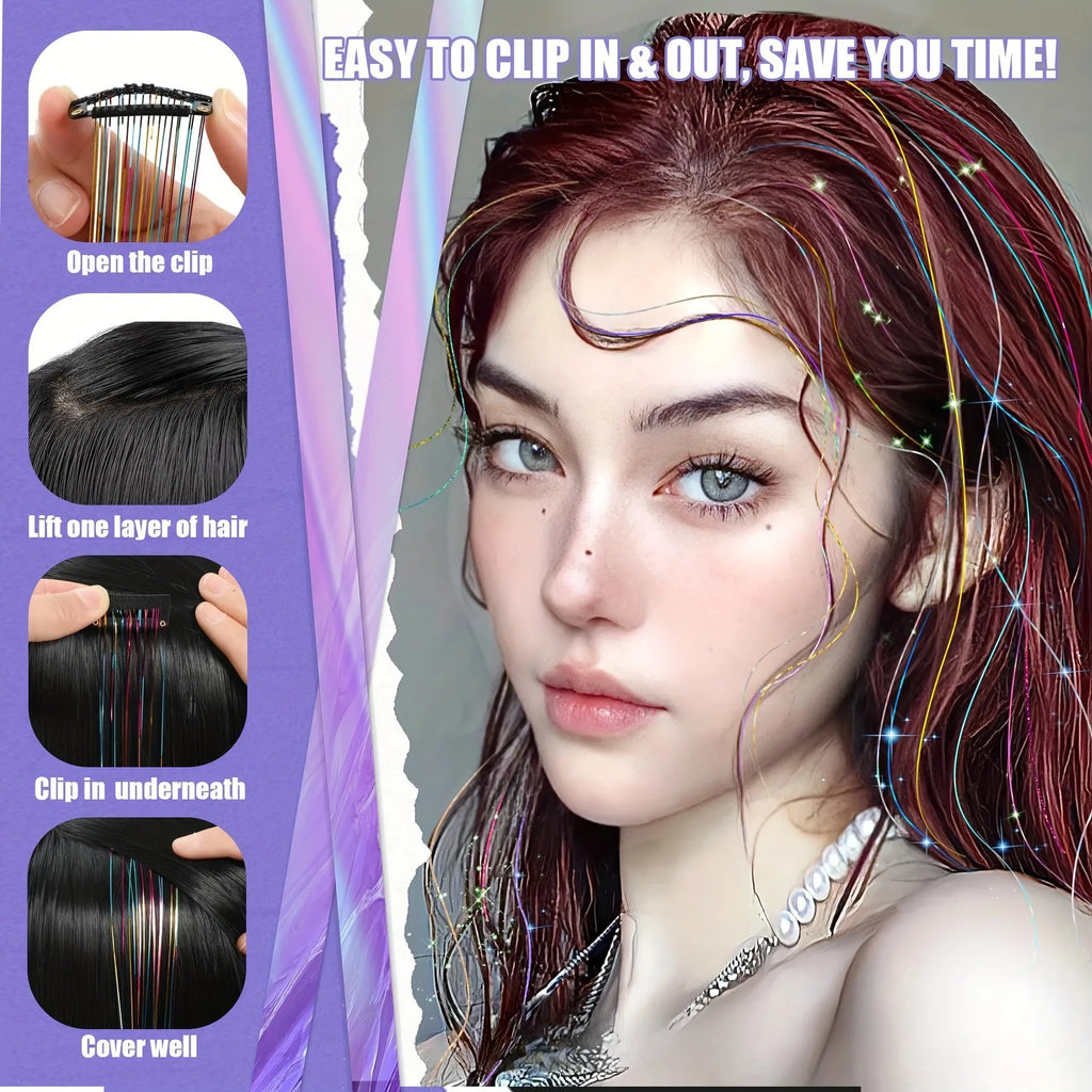 12Pcs Synthetic Hair Tinsel 20Inch Clip in Glitter  Tinsel Hair Clip in Hair Tinsel Kit Heat Resistant Shiny Sparkle Fairy Hair