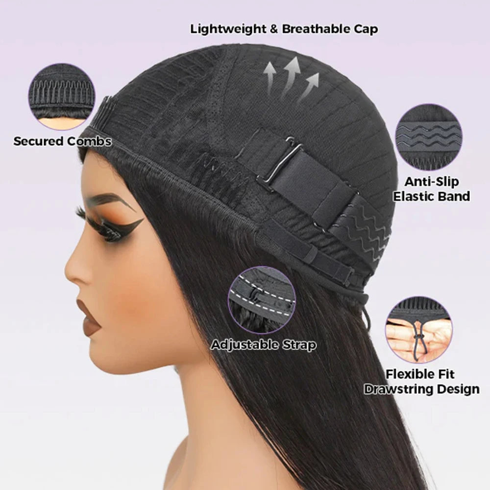 250 Density 3 IN 1 Half Wigs Human Hair Upgrade Remy Straight 3 IN 1 Half Wig With Drawstring Seamless Clip Ins Flip Over Wig