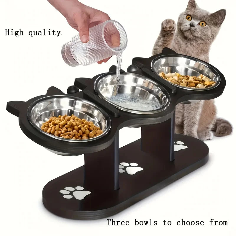 3-Tier Elevated Cat Bowl with Support Stands Wood & Stainless Steel Adjustable 15-Degree Angle Stand Slanted Pet Food Bowl